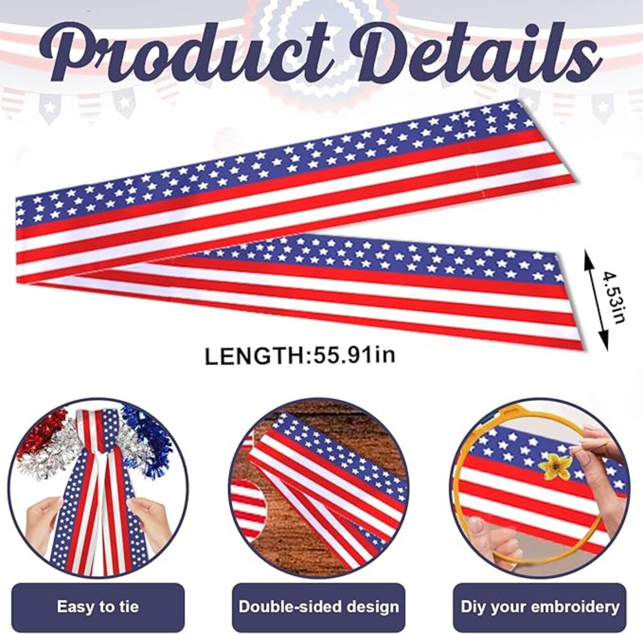 4th of July Patriotic Wreath Sash 4.5" × 56", Stars and Stripes Satin Ribbon for Front Door, Memorial Day Accessories & Outdoor Independence Day Decorations
